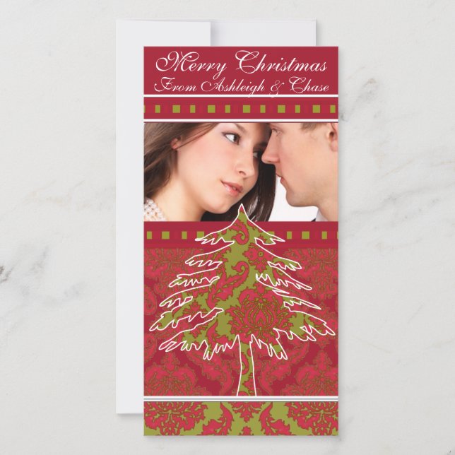 Red and Green Damask Pine Holiday Family Pictures Card (Front)
