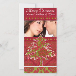 Red and Green Damask Pine Holiday Family Pictures Card