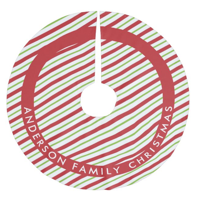 Red and Green Diagonal Holiday Stripes Brushed Polyester Tree Skirt (Front)