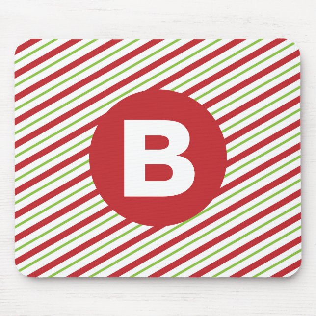 Red and Green Diagonal Pinstripes Monogram Mouse Mat (Front)