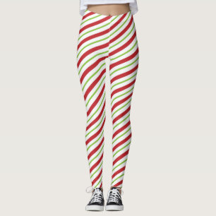 Red And Green Diagonal Striped Candy Cane Pattern Leggings