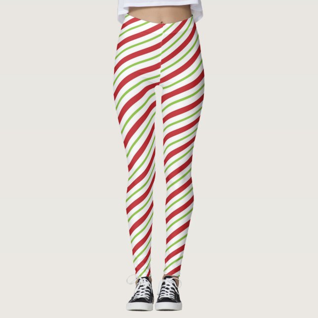 Red And Green Diagonal Striped Candy Cane Pattern Leggings (Front)