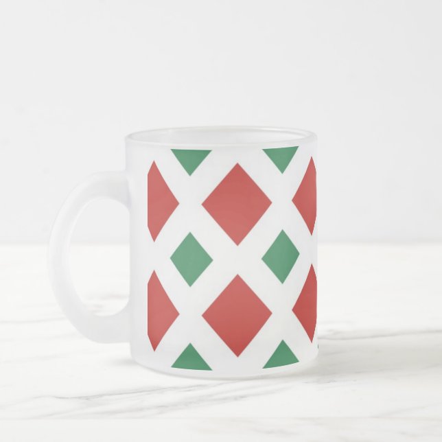 Red and Green Diamonds on White Frosted Glass Coffee Mug (Left)