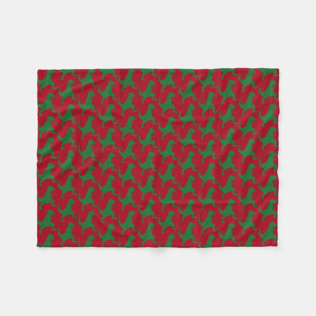 Red and Green Dinosaur Christmas Fleece Blanket (Front (Horizontal))