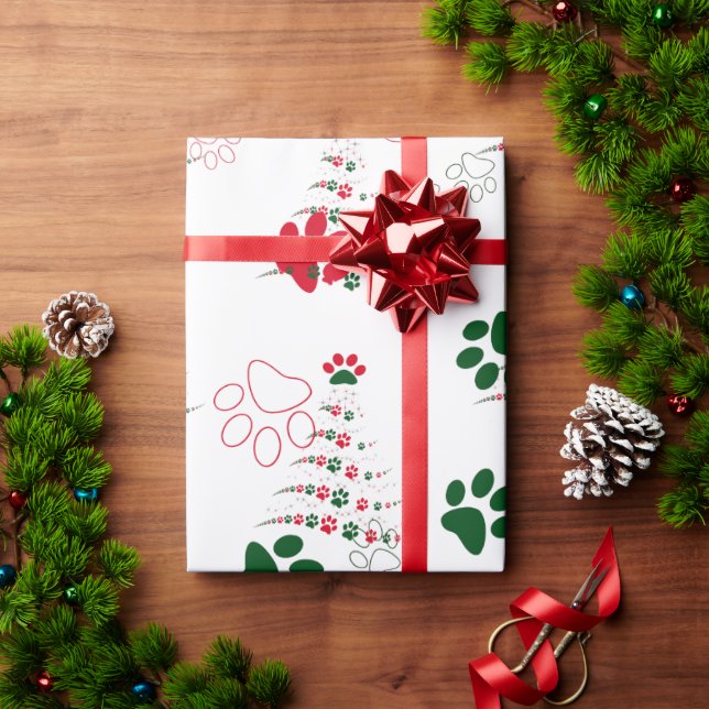 Red and Green Dog Paw Christmas Wrapping Paper (Holiday Gift)
