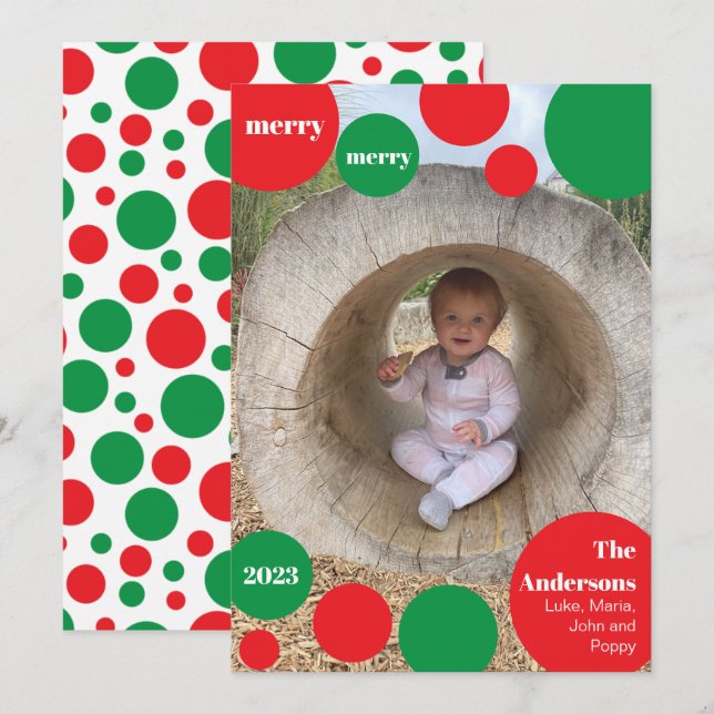 Red and Green Dot Photo Holiday Card (Front/Back)