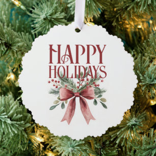 Red and Green Elegant Bow Greenery Happy Holidays Tree Decoration Card