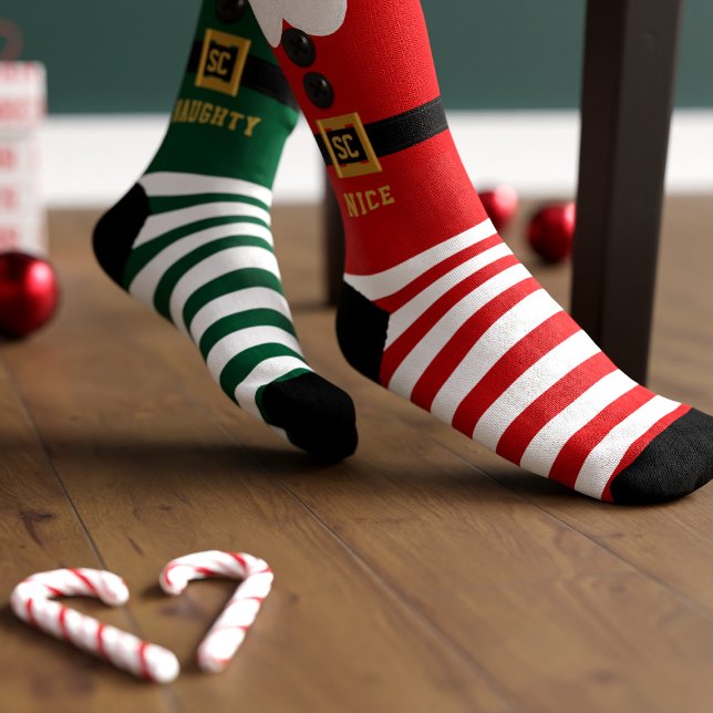Red and Green Elf Naughty and Nice Christmas Socks (Fun and festive and odd! What's not love about these elf christmas socks. Just add your inital)