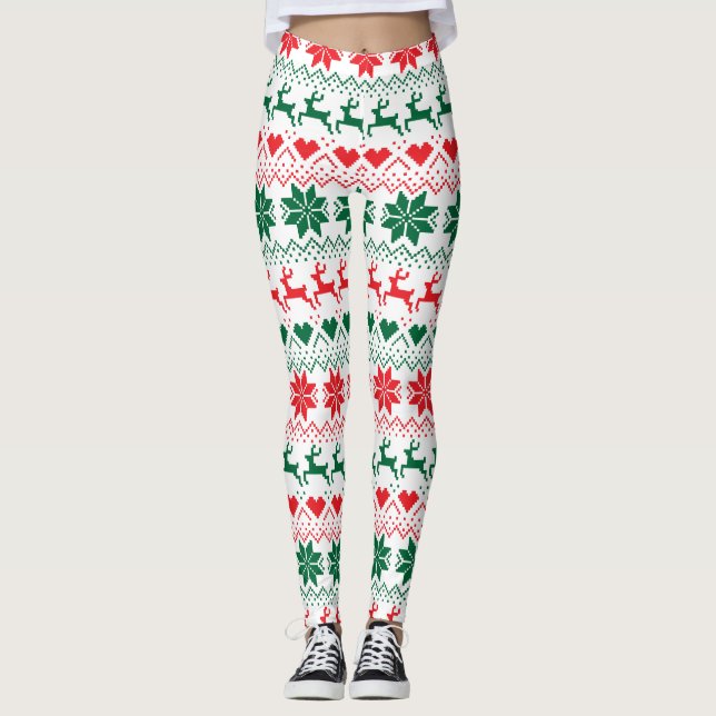 Red And Green Fair Isle Print Leggings (Front)