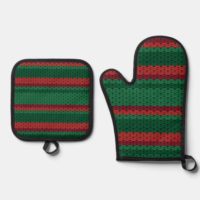 Red and Green Faux Knit Stripes Oven Mitt & Pot Holder Set (Front)