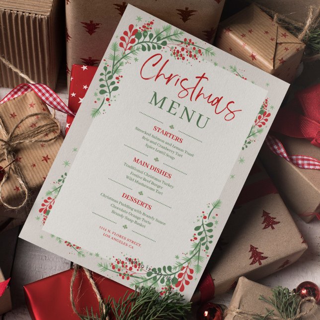 Red and Green Festive Floral Christmas Dinner Menu Invitation (Creator Uploaded)
