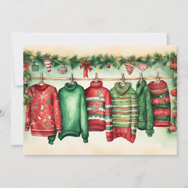 Red and Green Festive Sweaters on Clothesline Holiday Card (Front)