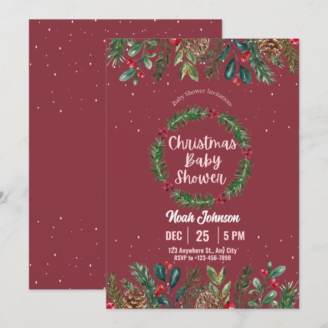 Red and Green Floral Christmas Baby Shower Invitation (Front/Back)