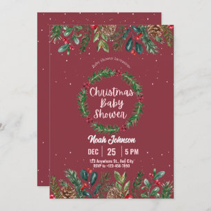 Red and Green Floral Christmas Baby Shower Invitation