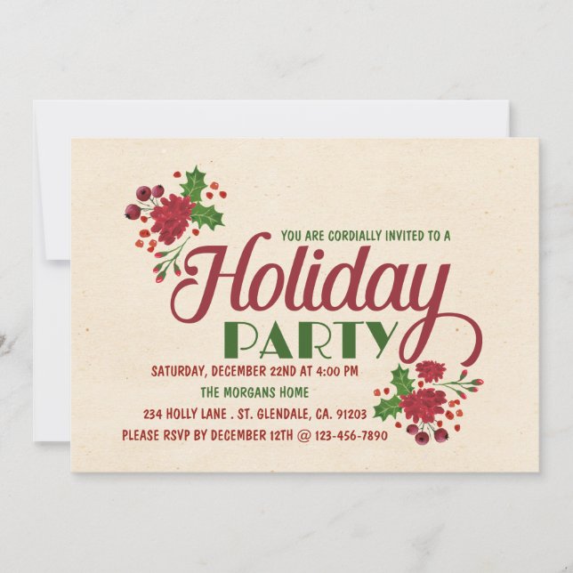 Red and Green Floral Christmas Party Invitation (Front)