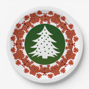 Red and Green Floral Christmas Tree Dinner Paper Plate