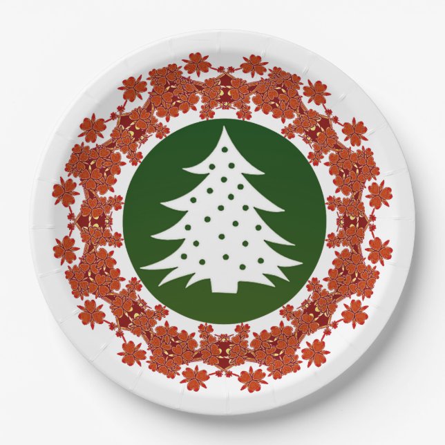 Red and Green Floral Christmas Tree Dinner  Paper Plate (Front)