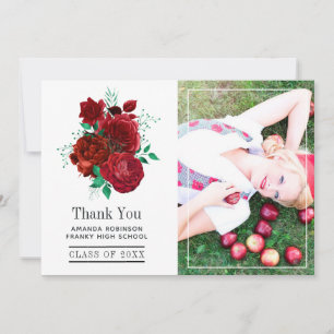 Red and Green Floral Graduation Photo Thank You Card