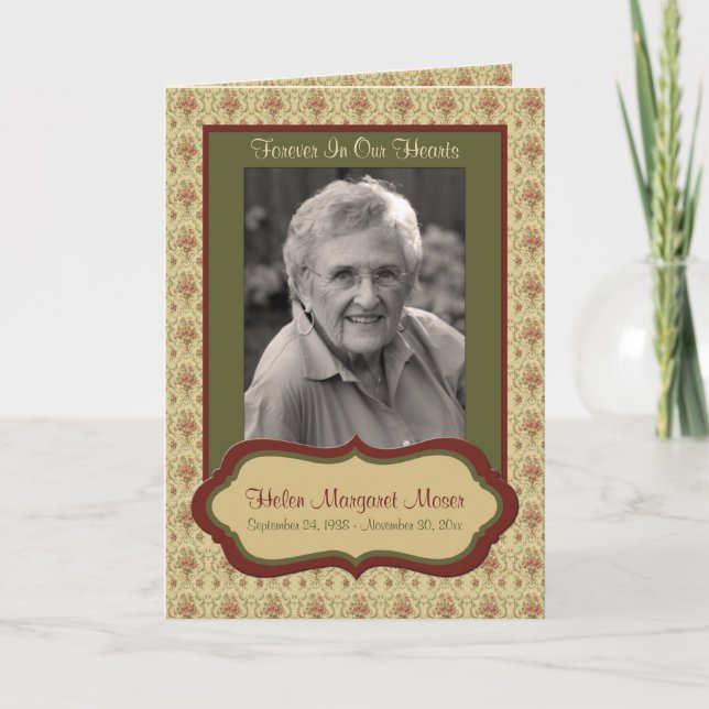 Red and Green Floral Memorial Card with Photo (Front)