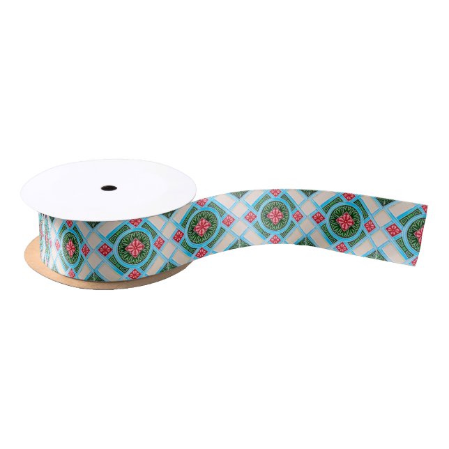 Red And Green Floral Ornamental Satin Ribbon (Spool)