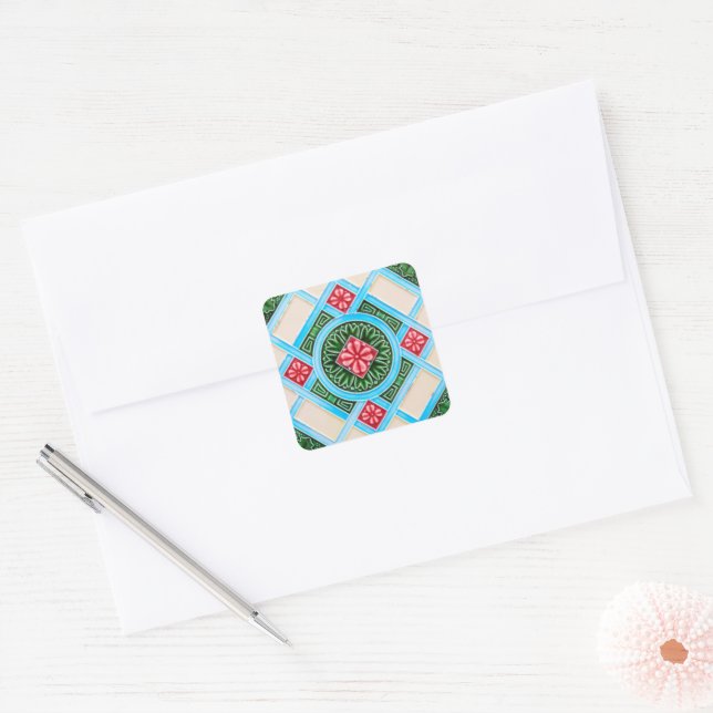 Red And Green Floral Ornamental Tile Square Sticker (Envelope)