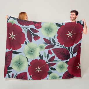 Red and Green Floral Pattern with Leaves Fleece Blanket