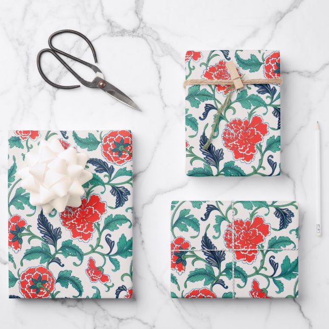 Red and Green Floral Pattern Wrapping Paper Sheet (Front)
