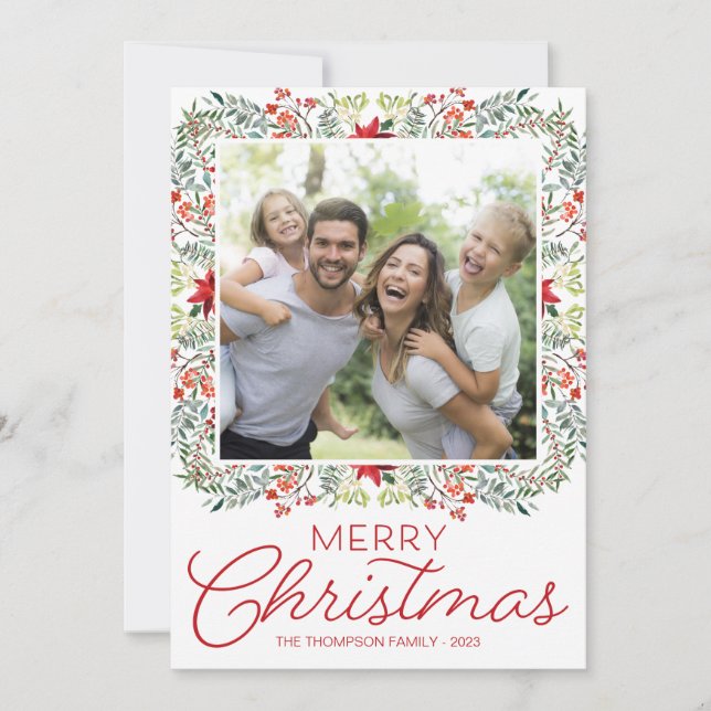 Red and Green Floral Photo Christmas Cards (Front)