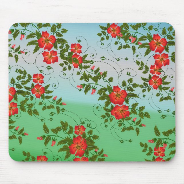 Red and Green Flower Pattern Mouse Mat (Front)
