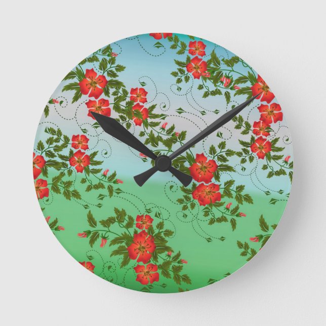 Red and Green Flower Pattern Round Clock (Front)