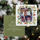 Red and Green Foliage Photo Christmas Ceramic Ornament<br><div class="desc">This design features an elegant Christmas,  photo ornament,  with a red and green design. with greenery and foliage,  a classic traditional style with holly berries,  and watercolor,  winter leaves,  and a simple holiday decor,  with a minimalist style.</div>