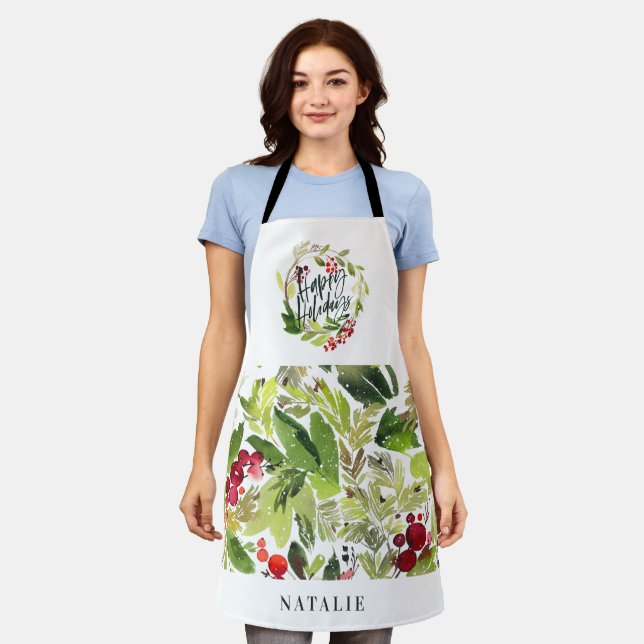 Red and green foliage wreath Christmas holiday Apron (Worn)