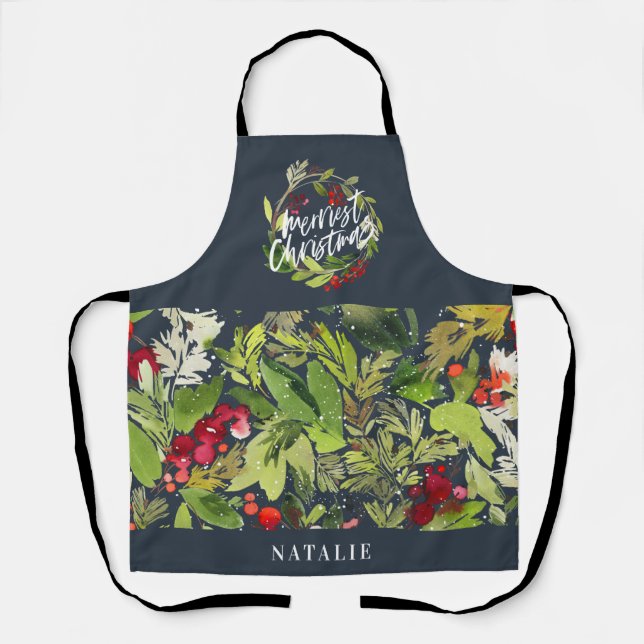 Red and green foliage wreath Christmas holiday Apron (Front)
