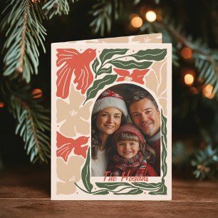 Red and green Folk Art 2 Photo Folded Holiday Card