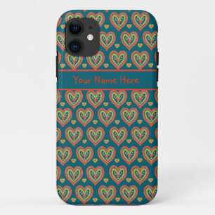 Red and Green Folk Art Style Hearts on Dark Teal iPhone 11 Case