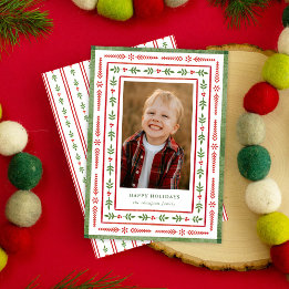 Red and Green Folk Inspired Watercolor One Photo Holiday Card