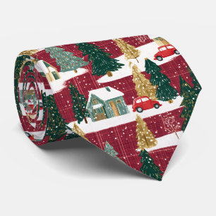 Red and Green Forest Christmas Village Tie