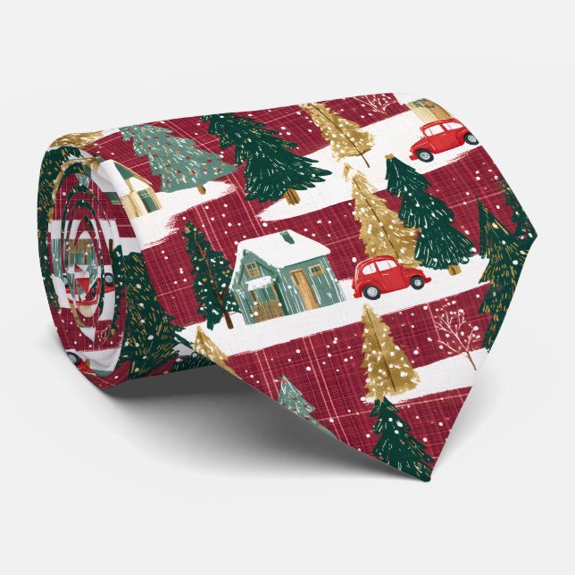 Red and Green Forest Christmas Village Tie (Rolled)