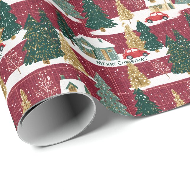 Red and Green Forest Christmas Village Wrapping Paper (Roll Corner)