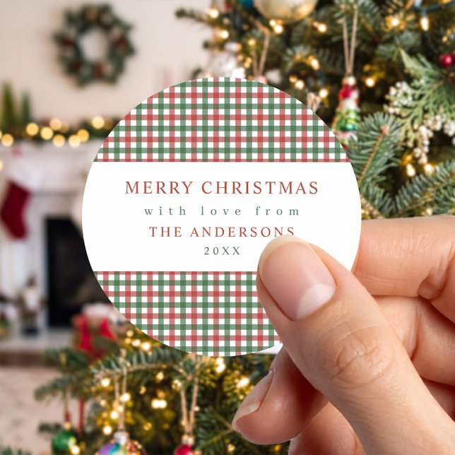 Red and Green Gingham Christmas Classic Round Sticker (Creator Uploaded)