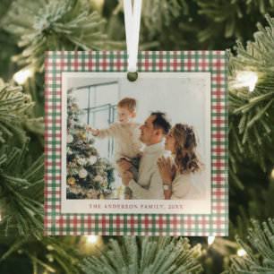 Red and Green Gingham Photo Glass Tree Decoration