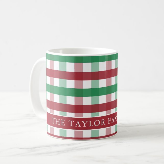Red and Green Gingham Plaid Farmhouse Family Name Coffee Mug (Front Left)