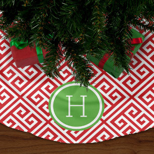 Red and Green Greek Key Monogram Brushed Polyester Tree Skirt