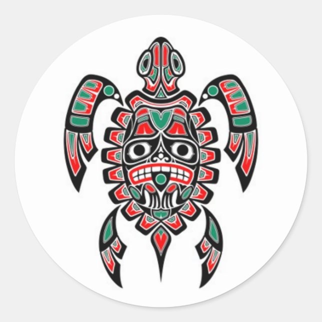Red and Green Haida Spirit Sea Turtle Classic Round Sticker (Front)