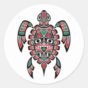 Red and Green Haida Spirit Sea Turtle Classic Round Sticker