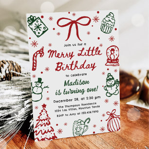 Red and Green Hand Drawn Christmas Birthday Party Invitation