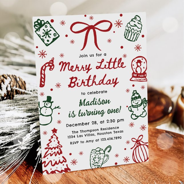 Red and Green Hand Drawn Christmas Birthday Party Invitation (Creator Uploaded)