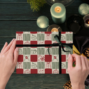 Red and green hand drawn retro checks Christmas Wrapping Paper