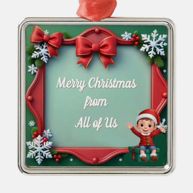 Red and Green Happy Holiday Frame with Bows Metal Tree Decoration (Front)