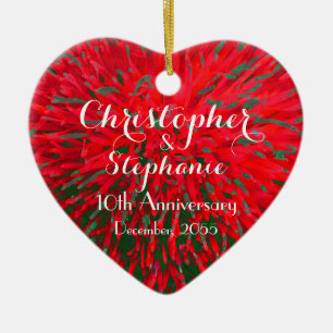 Red and Green Heart Anniversary Christmas Holiday Ceramic Tree Decoration